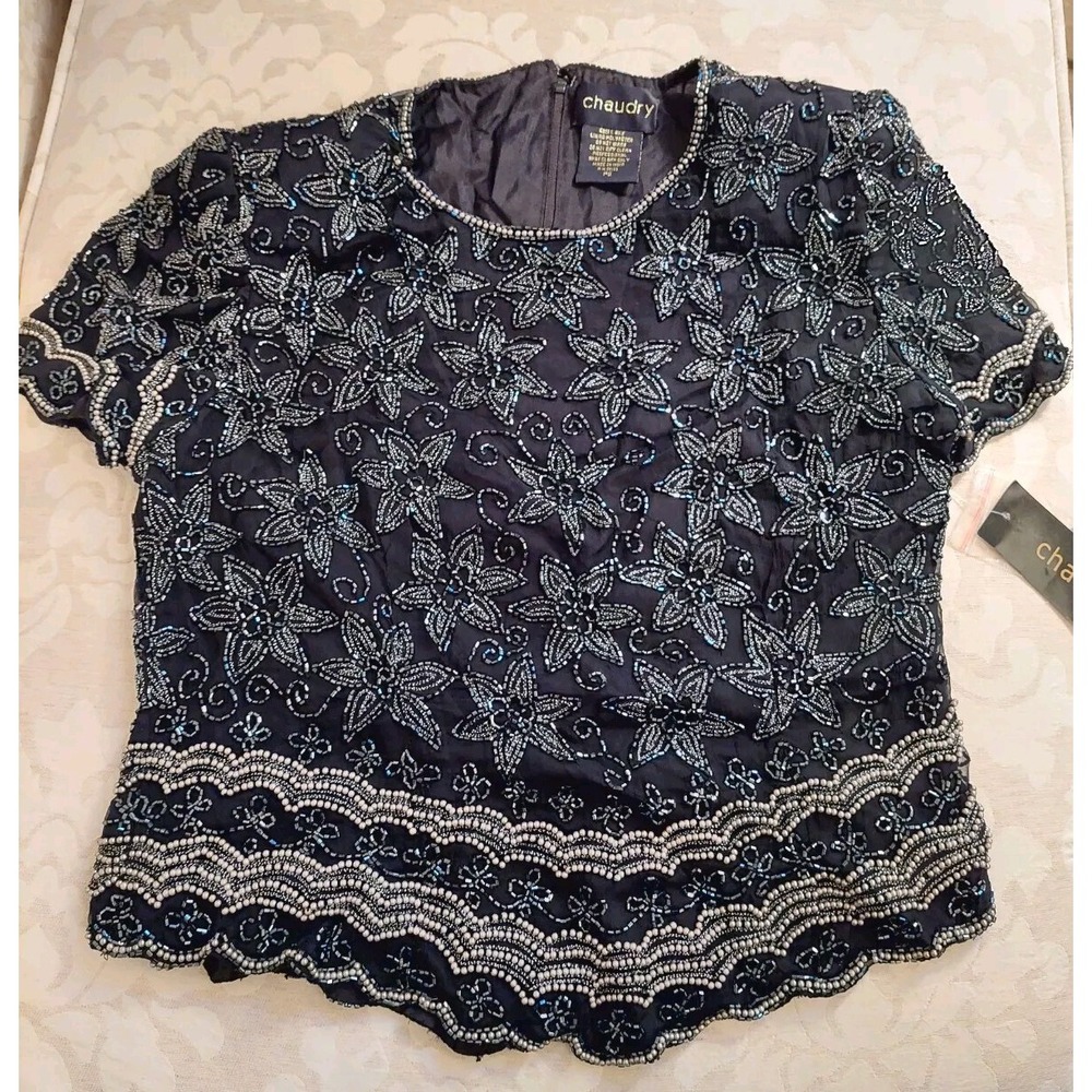 NEW! Chaudry Silk Top In Black With‎ Sequins, Beads And Pearl Accents Size PS